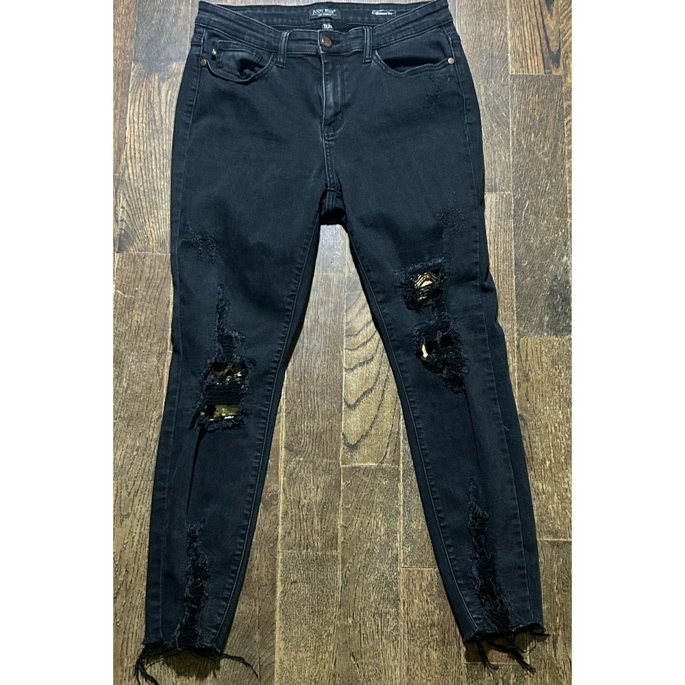 Judy Blue Jeans Womens 11 / 30 Black Stretch Distressed Skinny‎ Leopard Patch